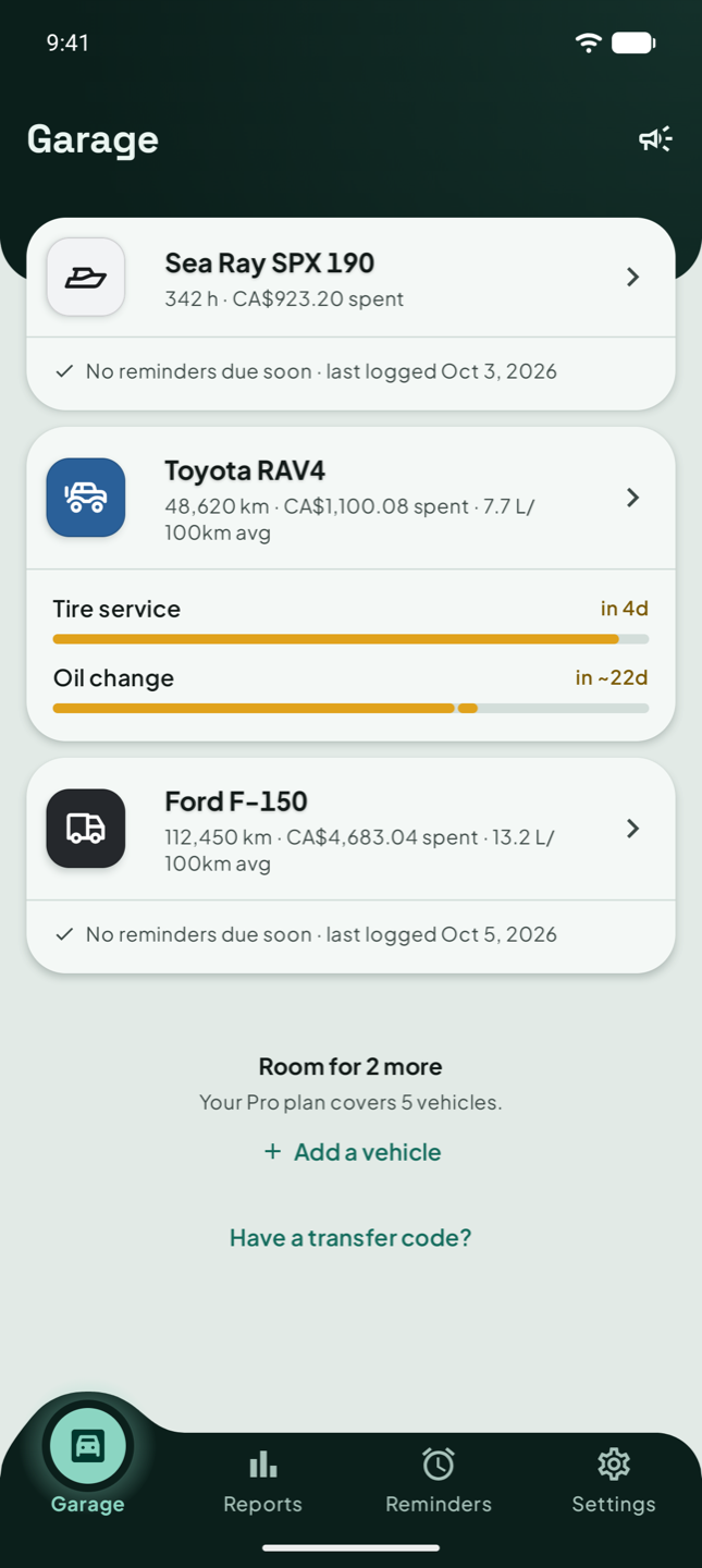 Maintano garage screen listing a Toyota RAV4, a Ford F-150 and a Sea Ray boat with mileage, spend and upcoming reminders