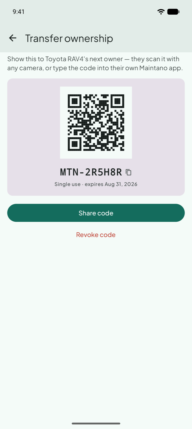 Transfer code screen showing a scannable QR code above a single-use transfer code and its expiry date