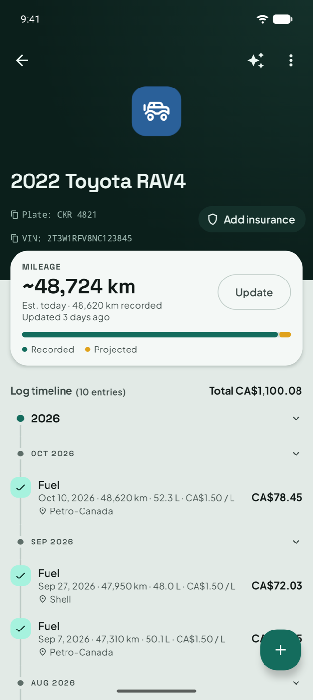 Vehicle detail screen for a Toyota RAV4 with a live mileage estimate and a log timeline of services and costs